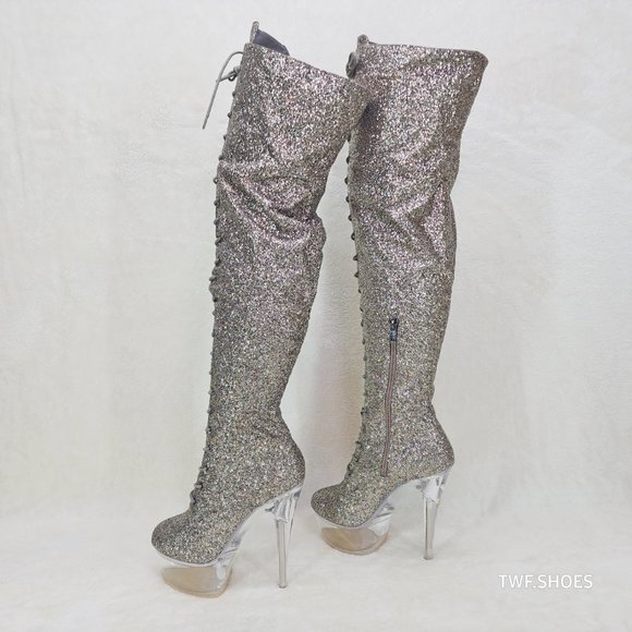 Bulls Silver Glitter Lace Up OTK Platform High Heel Thigh Boot - Picture 1 of 17